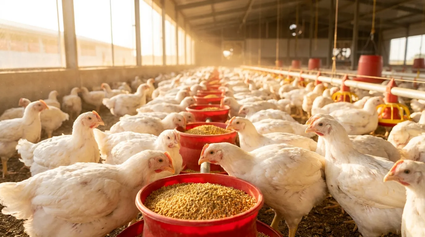 Aves saudáveis se alimentando em galpão moderno